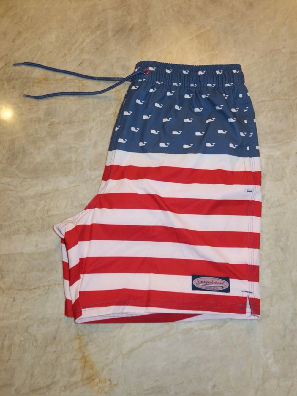 Vineyard Vines Men’s Navy, Red & White Flag Stripe Swim Trunks